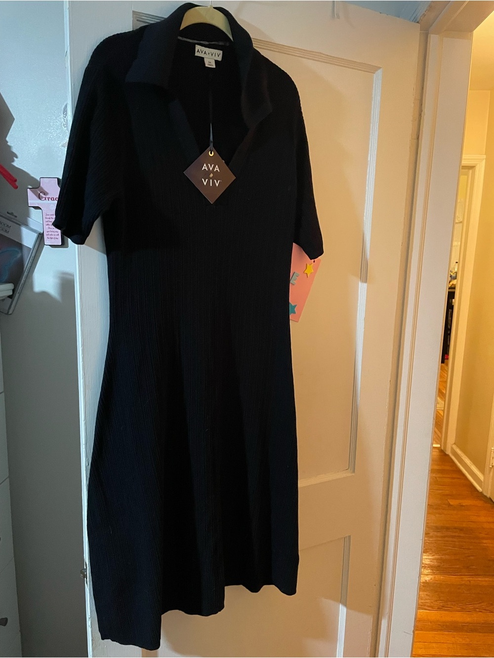 Ava & Viv Black Short-Sleeve Collared Midi Dress